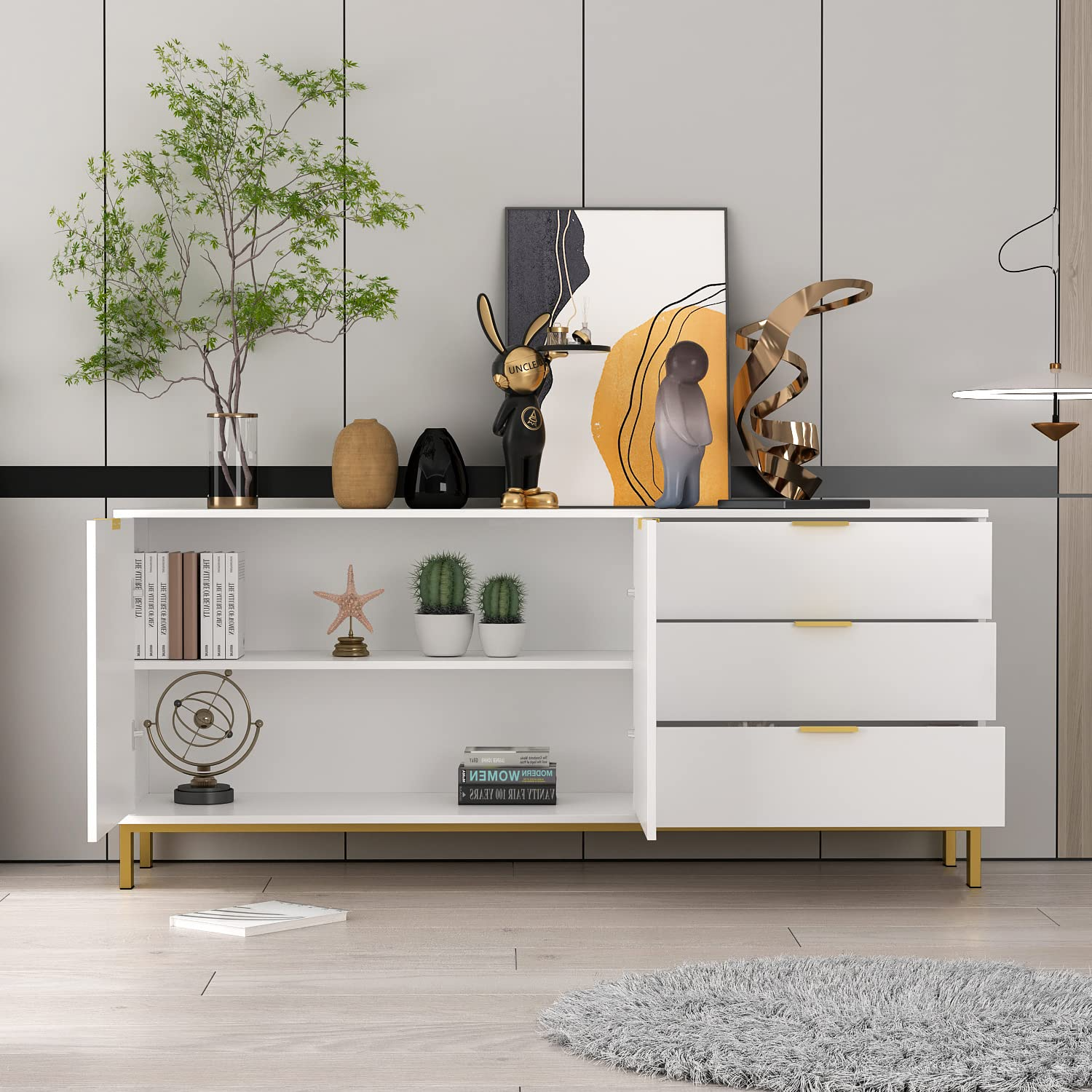 【Furniture】Buffet Sideboard with 3 Drawers & 2 Doors Storage, Buffet Cabinet Sideboard Credenza Coffee Bar Cabinet