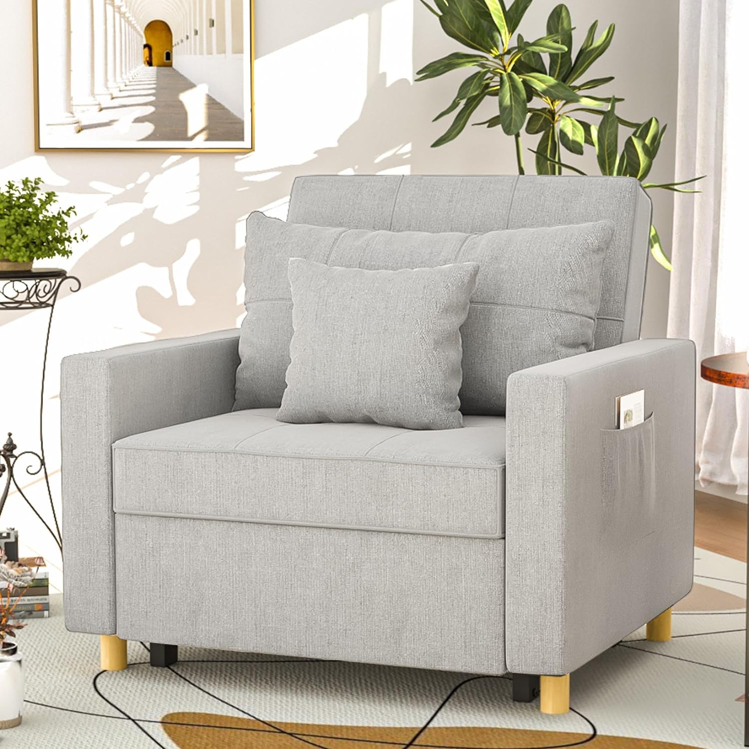 YODOLLA 3-in-1 Convertible Chair Bed, Sleeper Chair Bed, Pull Out Sleeper Chair Beds, Adjustable Single Armchair Sofa Bed with Side Pocket and Adjust Backrest Into a Sofa, Grey