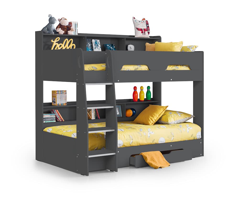 【Furniture】Wooden Bunk Bed with Underbed Storage Drawer, Modern Twin Sleeper with 2 Pocket Sprung Mattresses