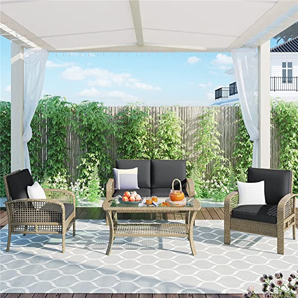 4 Pieces Outdoor Patio Furniture Set Wicker Rattan Cushioned Sectional Sofa Sets with Armchairs and Tempered Glass Table with Storage Shelf (Gray) Grey