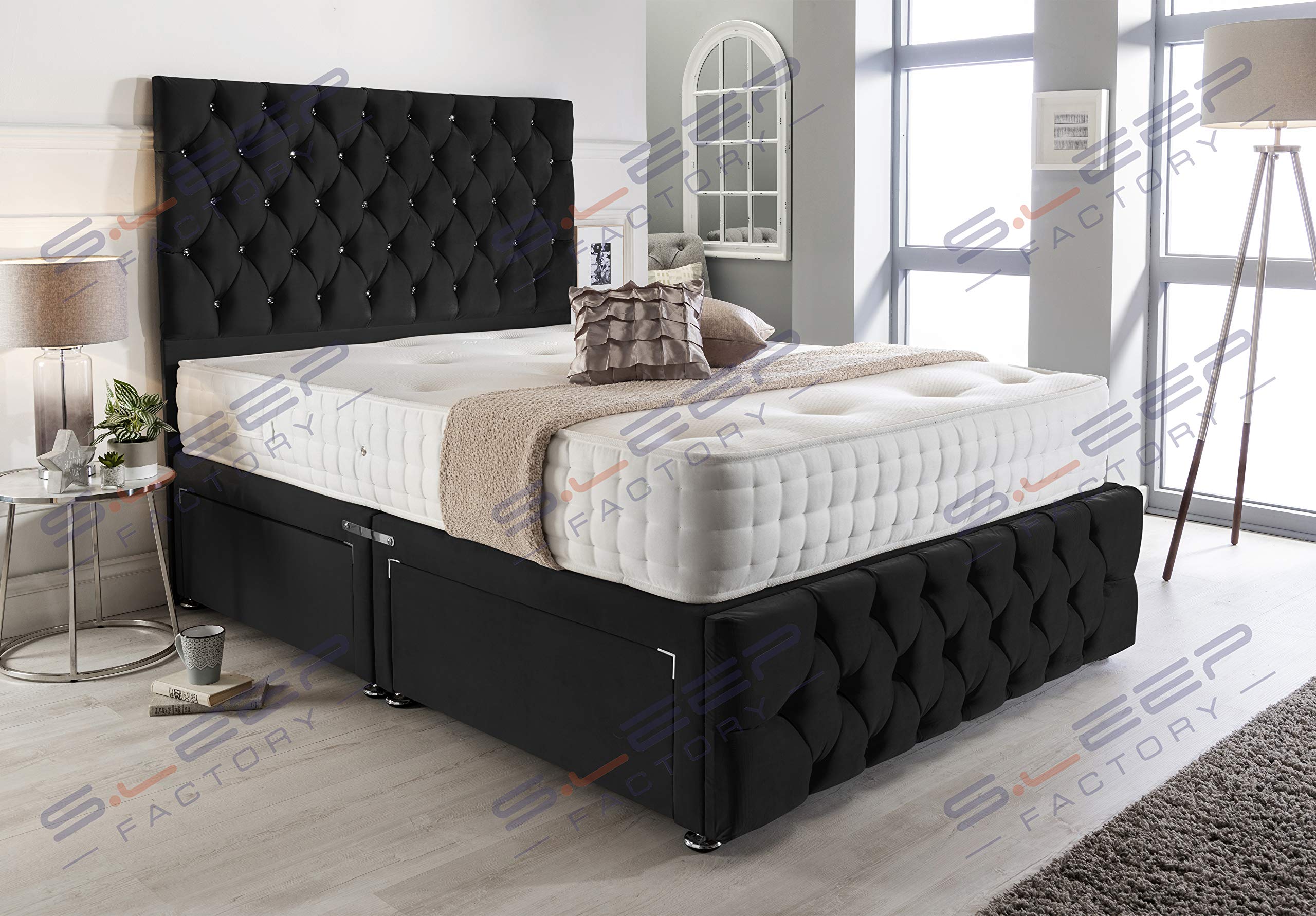 【Furniture】Pebble Plush Velvet Chesterfield 2 Drawer Divan Bed Set, Mattress & Headboard