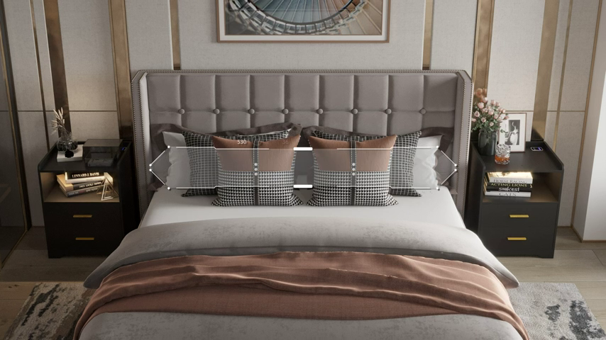 【Furniture】Black Nightstand with Charging Station, Night Stands with 2 Drawers, Smart Nightstand Bedside Table Led