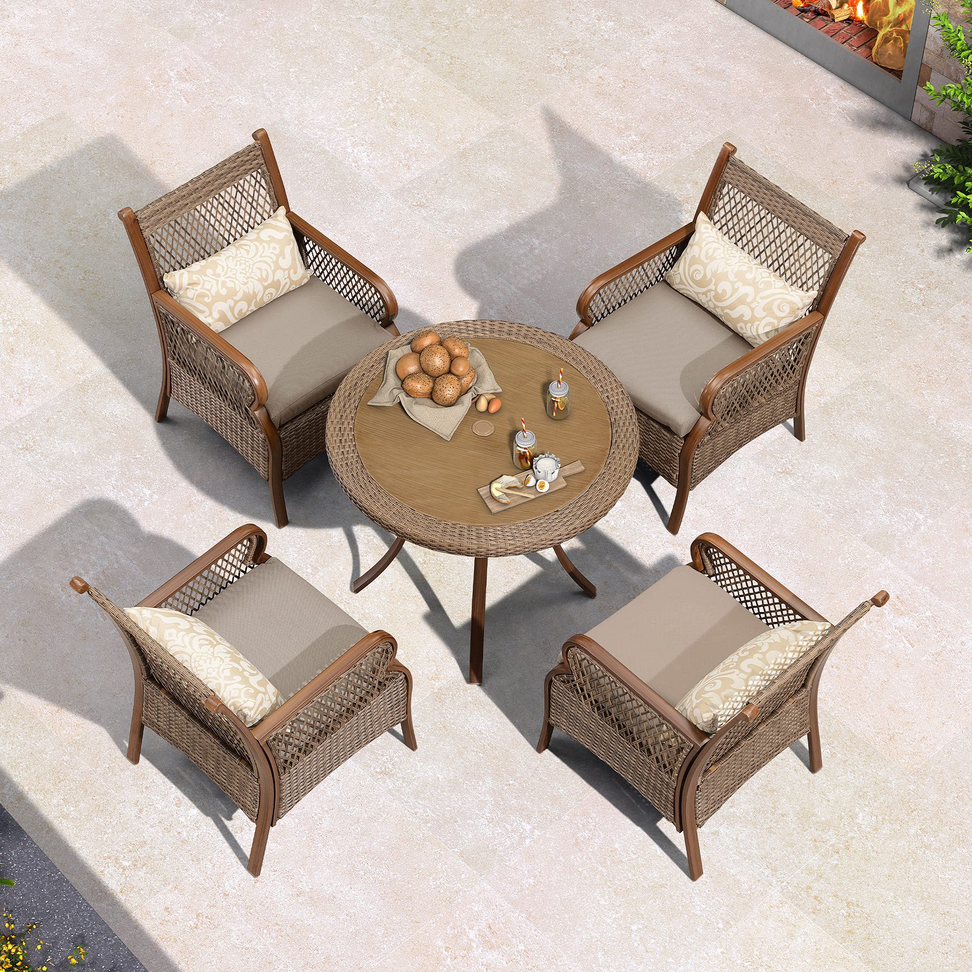 【Furniture】Outdoor Patio Dining Set for 4 Wicker Patio Furniture Sets with Aluminum Frame Round Dining Table