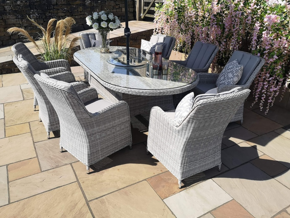 MALIBU 8 SEAT OVAL RATTAN DINING SET IN LIGHT GREY