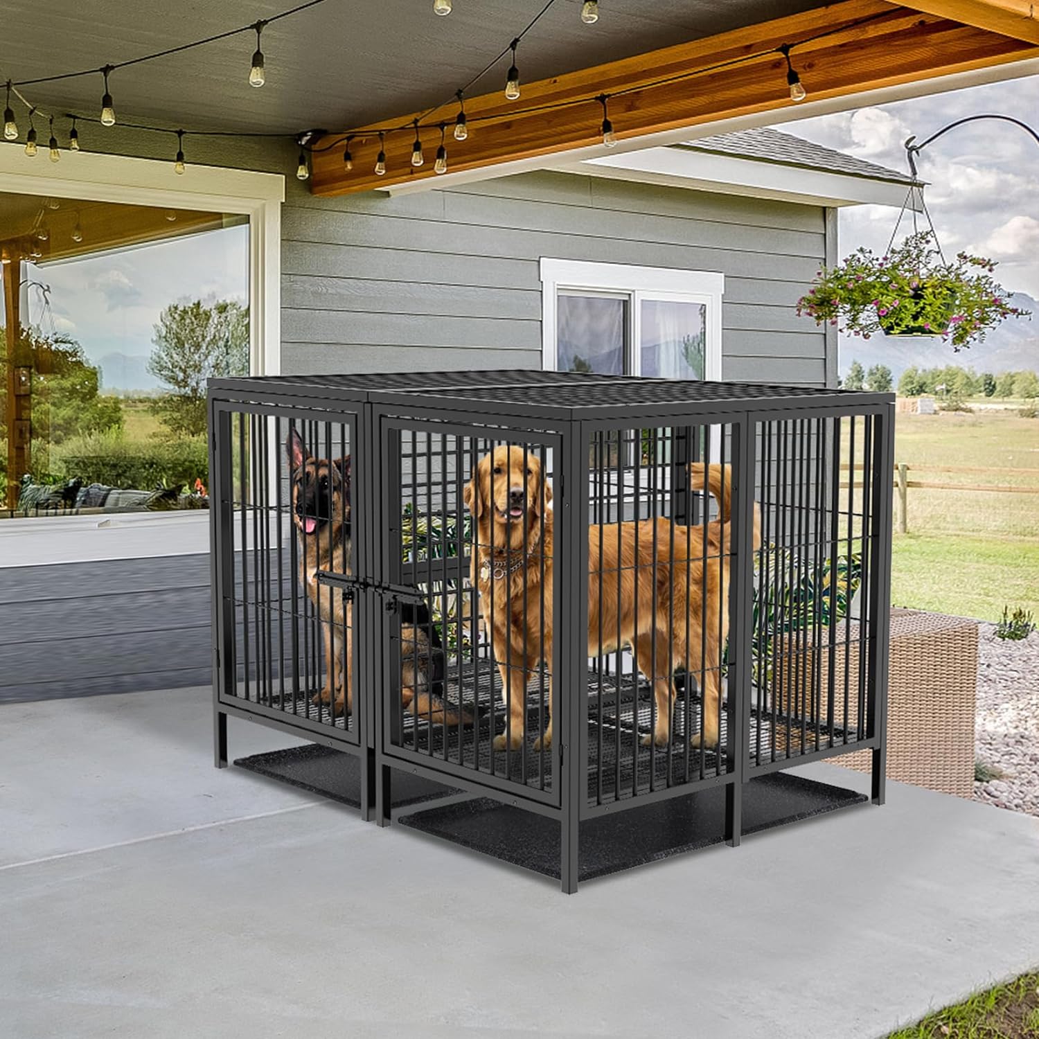 52 Inch Extra Large Huge Metal Pet Cage with Removable Divider Panel - Indoor Higher Inner Space Doggy Playpen Kennel with Two Doors and Trays for Small Medium Large Dogs