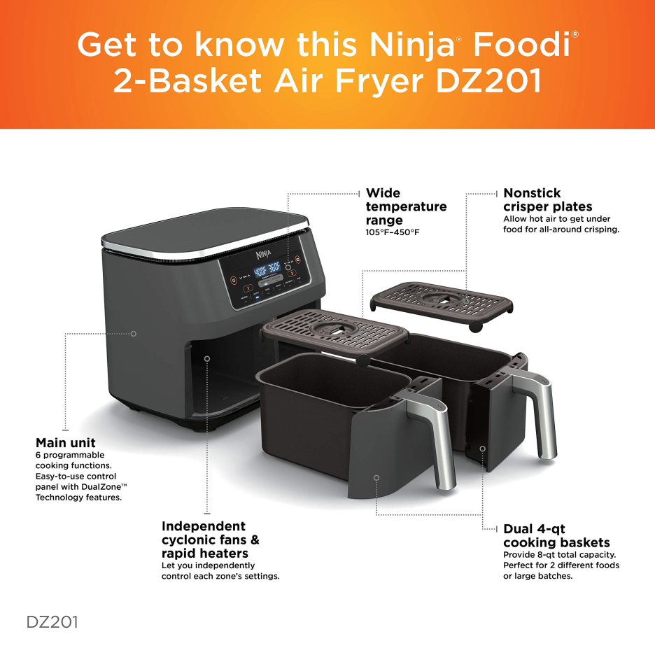 Ninja DZ201 Foodi 8 Quart 6-in-1 DualZone 2-Basket Air Fryer with 2 Independent Frying Baskets
