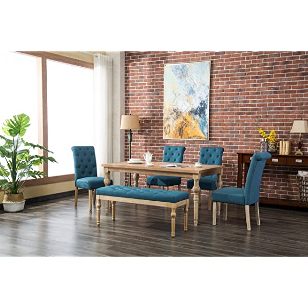 Roundhill Furniture Habitanian 6-Piece White Wash Dining Set with Tufted Chairs and Bench, Beige