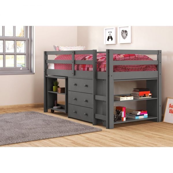 Donco Kids Low Study Loft Desk Twin Bed with Chest and Bookcase