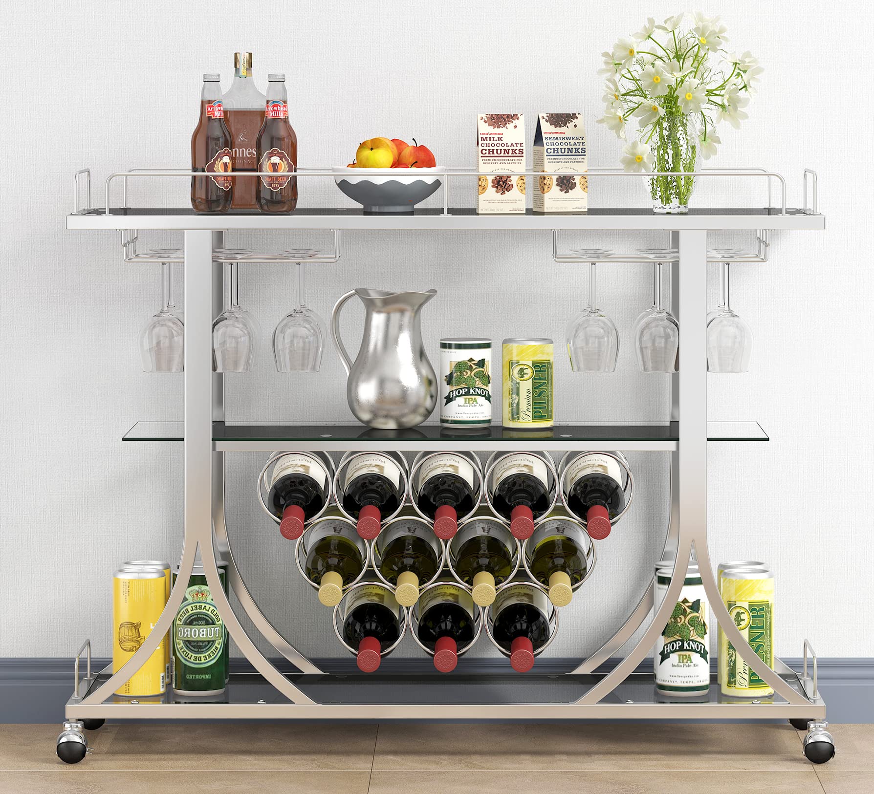 【Furniture】Bar Serving Cart with Glass Holder and Wine Rack, 3-Tier Kitchen Trolley, Mobile Wine Cart for Home