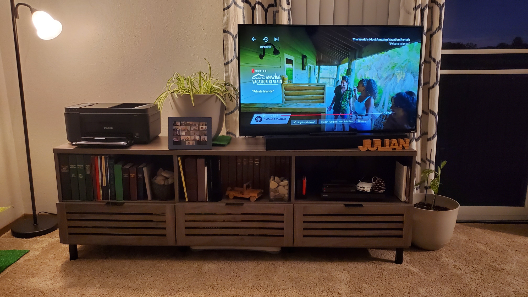 【Furniture】Modern Slatted Wood TV Stand for TV's up to 80
