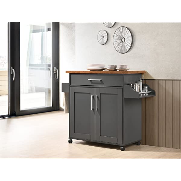 Hodedah Kitchen Island with Spice Rack, Towel Rack & Drawer, Black with Beech Top Black-beech