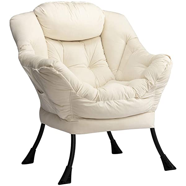 AbocoFur Modern Large Cotton Fabric Lazy Chair,Accent Contemporary Lounge Chair, Single Steel Frame Leisure Sofa Chair with Armrests and A Side Pocket, Beige