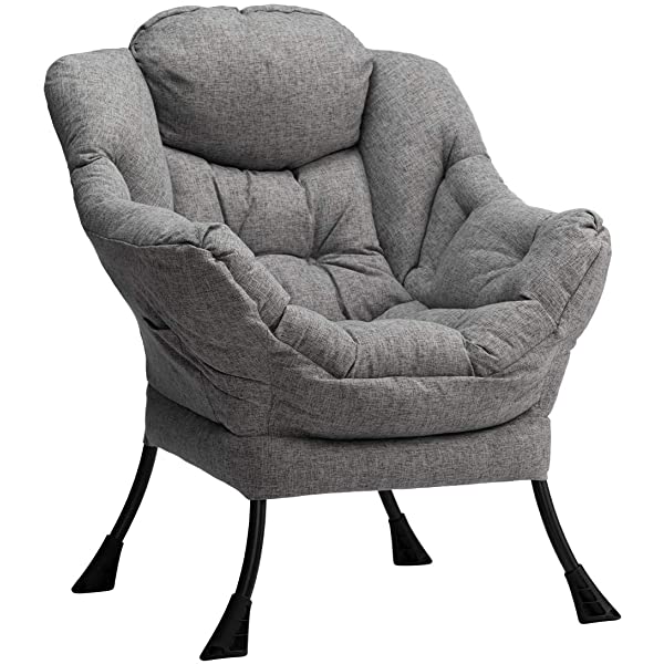 AbocoFur Modern Large Cotton Fabric Lazy Chair,Accent Contemporary Lounge Chair, Single Steel Frame Leisure Sofa Chair with Armrests and A Side Pocket, Beige