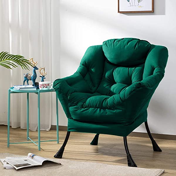 AbocoFur Modern Large Cotton Fabric Lazy Chair,Accent Contemporary Lounge Chair, Single Steel Frame Leisure Sofa Chair with Armrests and A Side Pocket, Beige