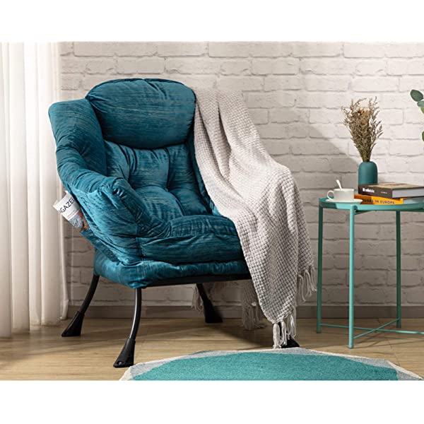 AbocoFur Modern Large Cotton Fabric Lazy Chair,Accent Contemporary Lounge Chair, Single Steel Frame Leisure Sofa Chair with Armrests and A Side Pocket, Beige