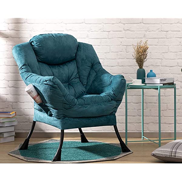 AbocoFur Modern Large Cotton Fabric Lazy Chair,Accent Contemporary Lounge Chair, Single Steel Frame Leisure Sofa Chair with Armrests and A Side Pocket, Beige