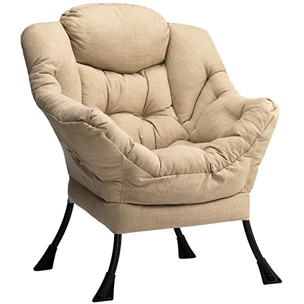 AbocoFur Modern Large Cotton Fabric Lazy Chair,Accent Contemporary Lounge Chair, Single Steel Frame Leisure Sofa Chair with Armrests and A Side Pocket, Beige