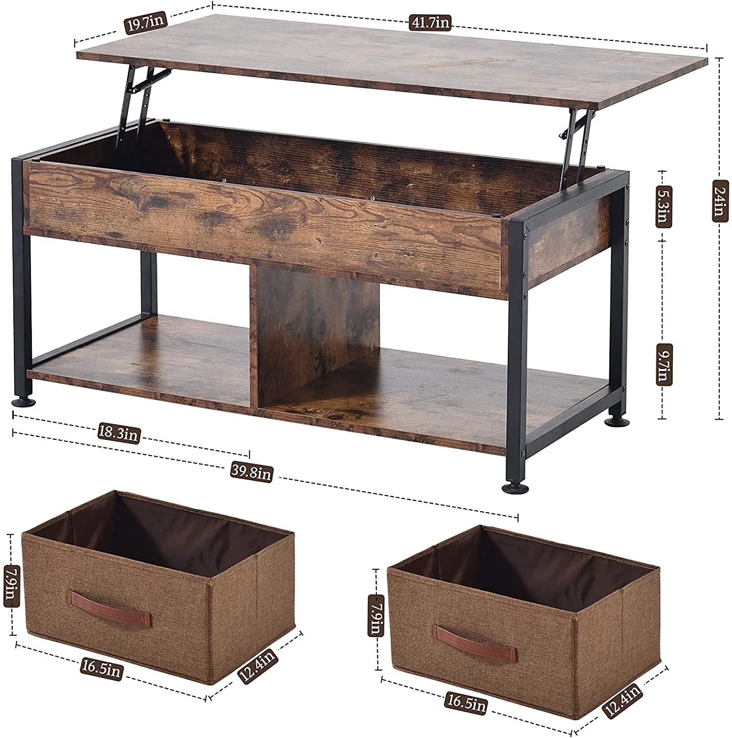 Lift Top Coffee Table, Coffee Table with 2 Storage Boxes & Hidden Compartment, Center Table for Living Room, with Storage Shelf and Metal Frame, Wooden Lift Tabletop, Modern Retro Central Table