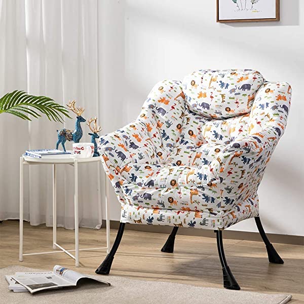 AbocoFur Modern Large Cotton Fabric Lazy Chair,Accent Contemporary Lounge Chair, Single Steel Frame Leisure Sofa Chair with Armrests and A Side Pocket, Beige