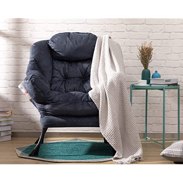 AbocoFur Modern Large Cotton Fabric Lazy Chair,Accent Contemporary Lounge Chair, Single Steel Frame Leisure Sofa Chair with Armrests and A Side Pocket, Beige