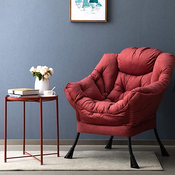 AbocoFur Modern Large Cotton Fabric Lazy Chair,Accent Contemporary Lounge Chair, Single Steel Frame Leisure Sofa Chair with Armrests and A Side Pocket, Beige