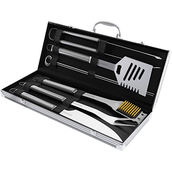 Home-Complete HC-1000 BBQ Accessories – 16PC Grill Set with Spatula, Tongs, Skewers, Case – Barbecue Tools for Father’s Day, Wedding, Anniversary, 16 Piece, Silver Steel 16-Piece