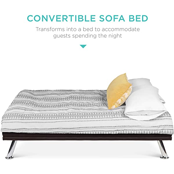 Best Choice Products Faux Leather Upholstered Modern Convertible Folding Futon Sofa Bed for Compact Living Space, Apartment, Dorm, Bonus Room w/Removable Armrests, Metal Legs, 2 Cupholders - Black