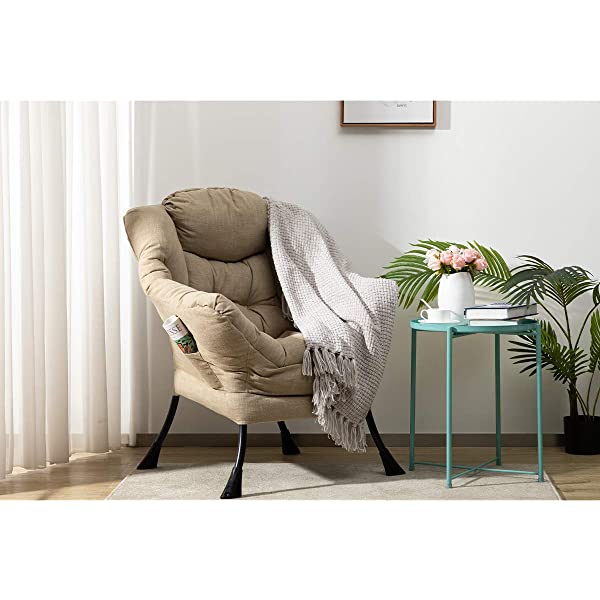 AbocoFur Modern Large Cotton Fabric Lazy Chair,Accent Contemporary Lounge Chair, Single Steel Frame Leisure Sofa Chair with Armrests and A Side Pocket, Beige