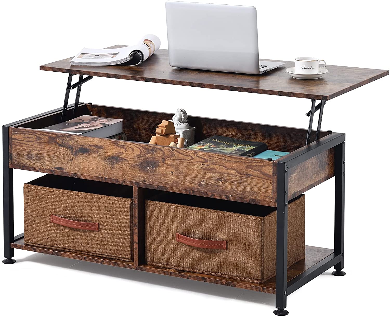 Lift Top Coffee Table, Coffee Table with 2 Storage Boxes & Hidden Compartment, Center Table for Living Room, with Storage Shelf and Metal Frame, Wooden Lift Tabletop, Modern Retro Central Table