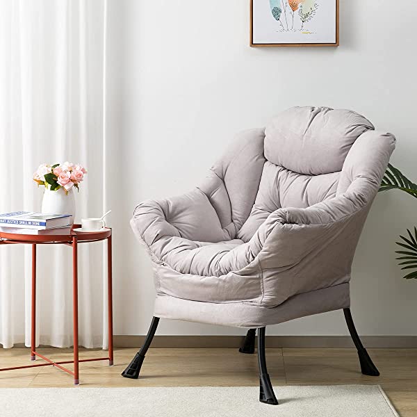 AbocoFur Modern Large Cotton Fabric Lazy Chair,Accent Contemporary Lounge Chair, Single Steel Frame Leisure Sofa Chair with Armrests and A Side Pocket, Beige
