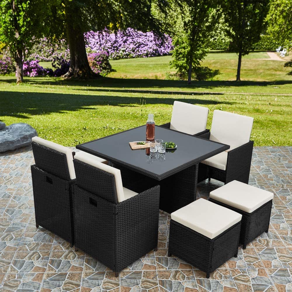 RayGar Deluxe 9 Piece 8 Seater Rattan Cube Dining Table Garden Furniture Patio Set (Grey/Grey)