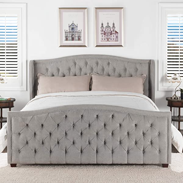 Jennifer Taylor Home Marcella Collection Queen Wingback Tufted Hand-Applied Nail Heads Upholstered Bed, Antique White Antique White Queen