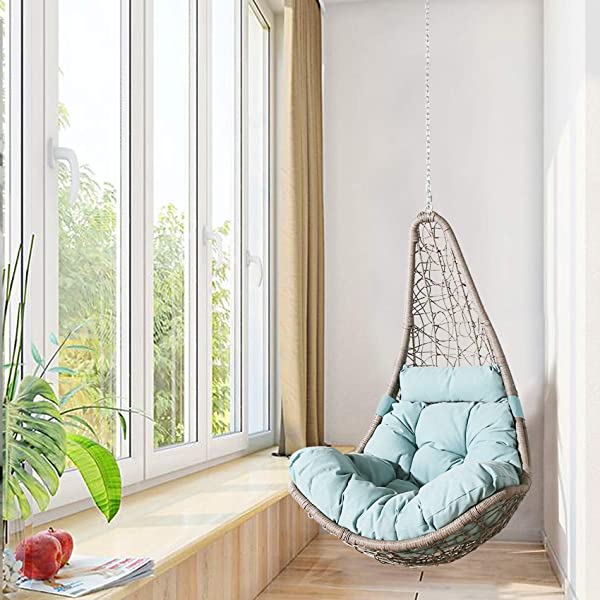 Ulax Furniture Outdoor Wicker Hanging Chair Swing, Patio Hanging Basket Swing Chair with Hanging Steel Chain (Beige)