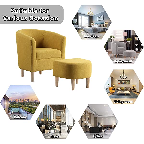 DAZONE Modern Accent Chair, Upholstered Arm Chair Linen Fabric Single Sofa Chair with Ottoman Foot Rest Mustard Yellow Comfy Armchair for Living Room Bedroom Small Spaces Apartment Office Yellow With Ottoman