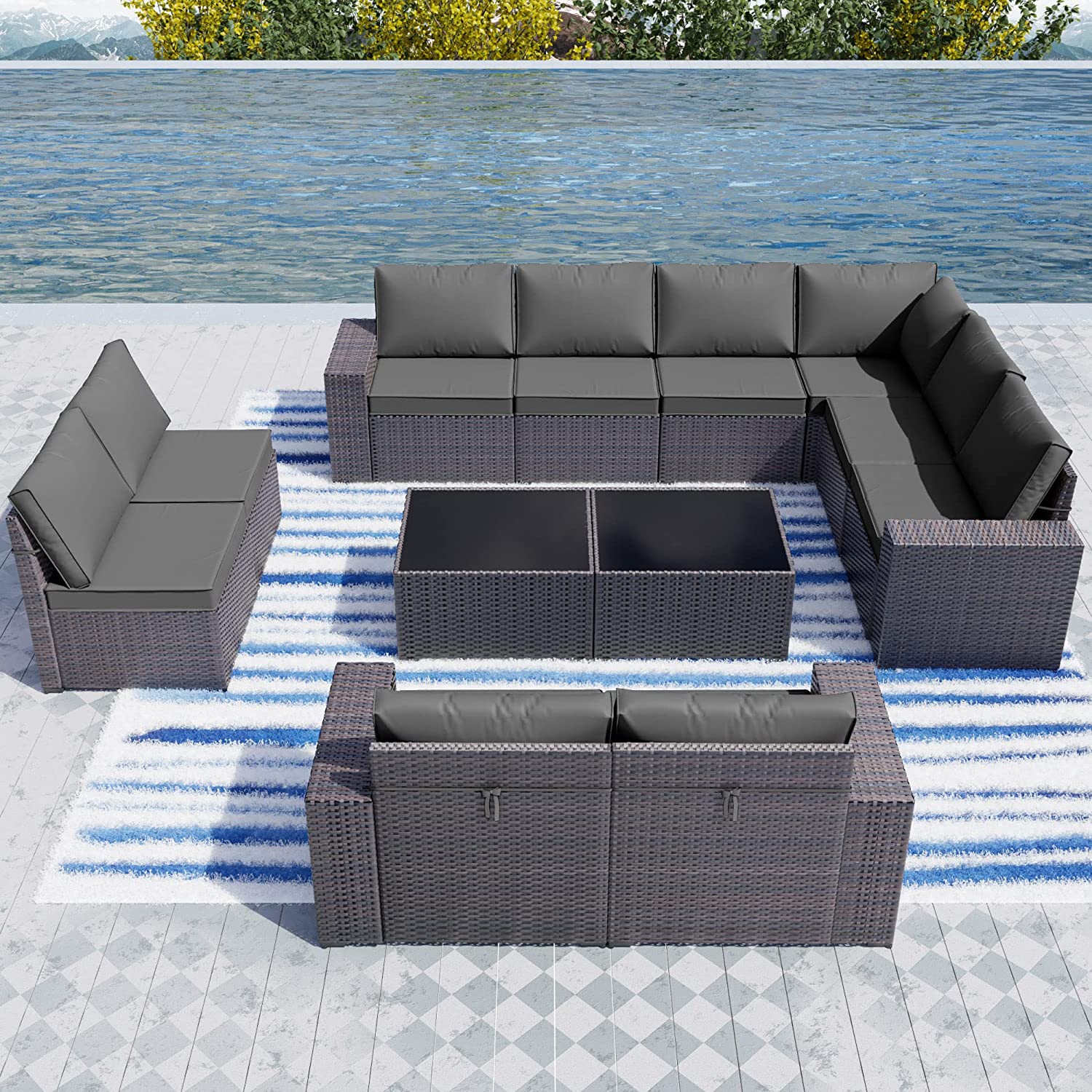 【Furniture】Outdoor Patio Furniture Set 12 Pcs Sectional Rattan Sofa Set Brown PE Wicker Patio Conversation Set