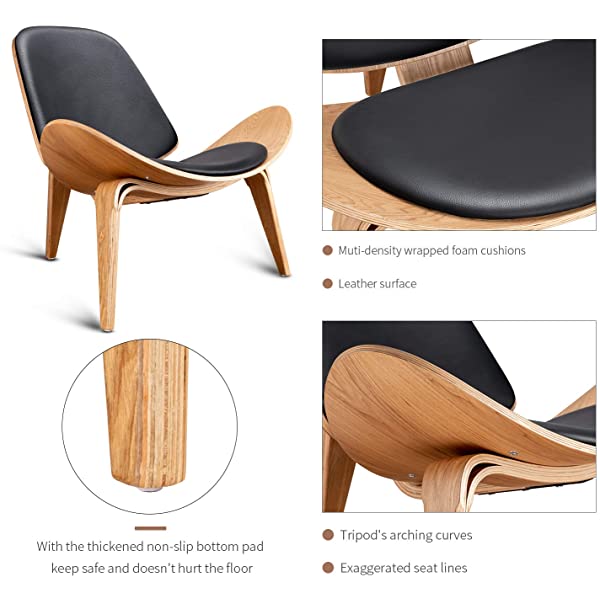 Rimdoc Three-Legged Shell Chair Mid Century Modern Lounge Chair with Black Leather Molded Plywood Accent Chair Reading Side Chair for Bedroom, Study, Office, Living Room (Black Walnut Wood)