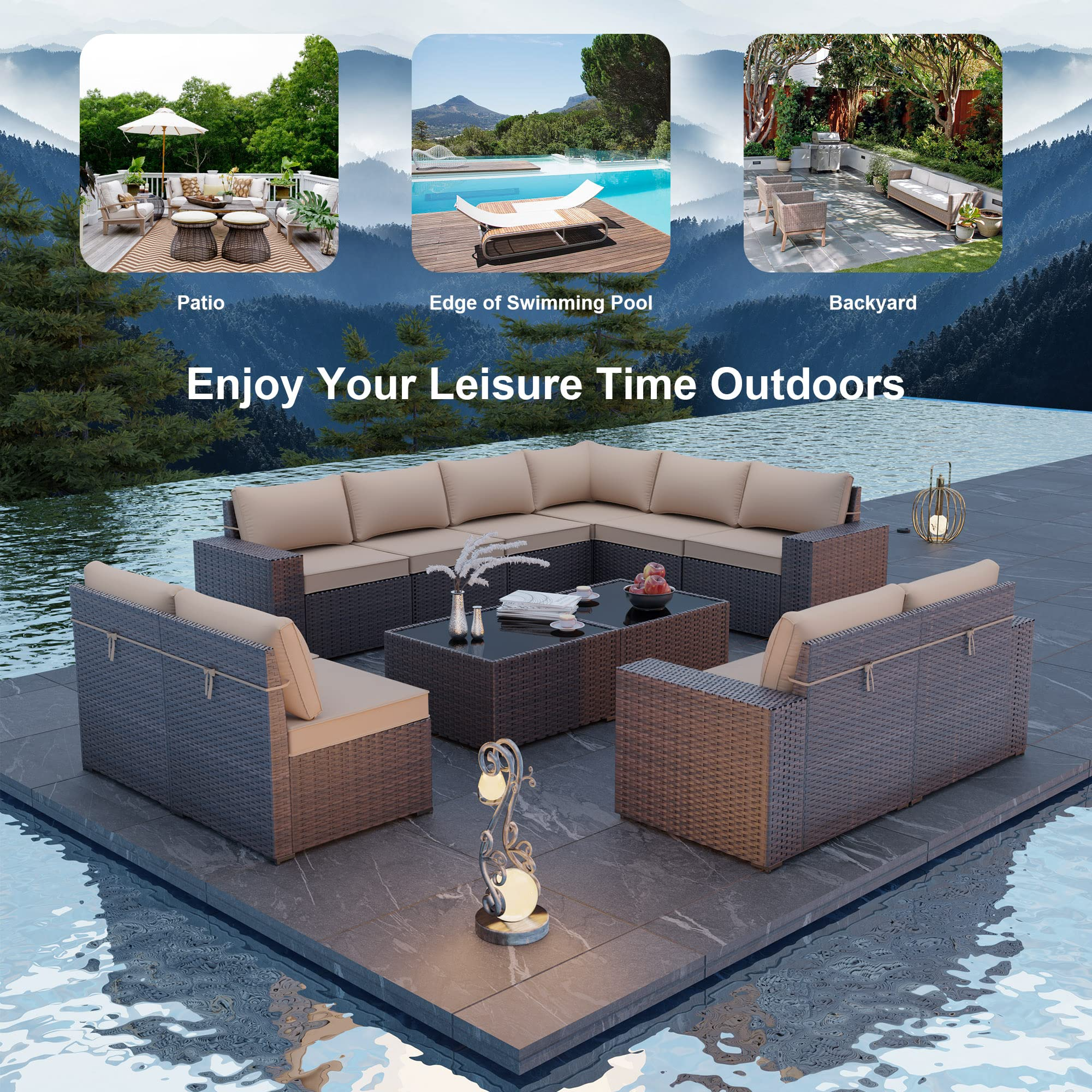 【Furniture】12 Pcs Outdoor Patio Furniture Set Sectional Sofa Sets Brown PE Rattan Patio Conversation Set