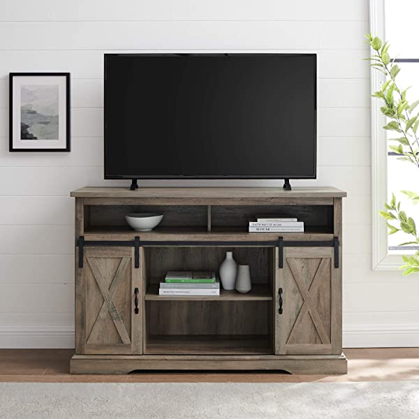 Walker Edison Richmond modern farmhouse sliding barn door TV stand for up to 52 inches, white and rustic oak white without fireplace 52 inches TV