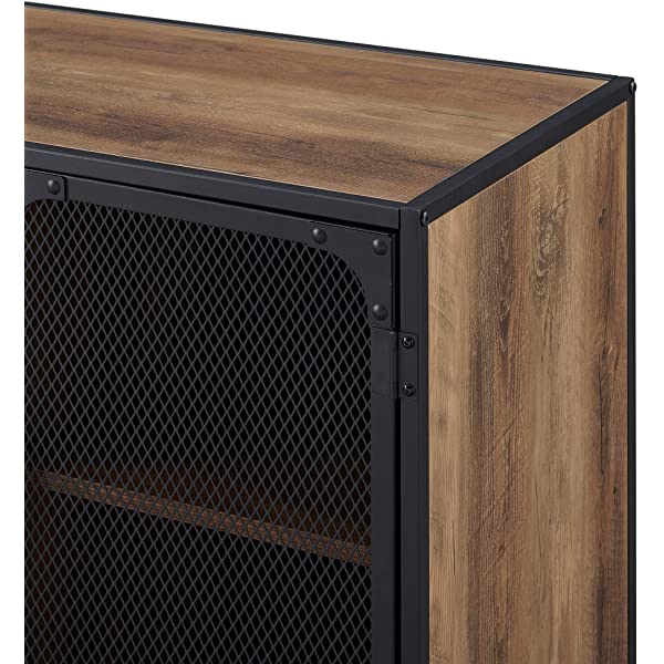 Walker Edison Malcomb Urban Industrial Metal Mesh Double Door Rolling Bar Cabinet, 33 Inch, Rustic Oak Rustic Oak 33 Inch