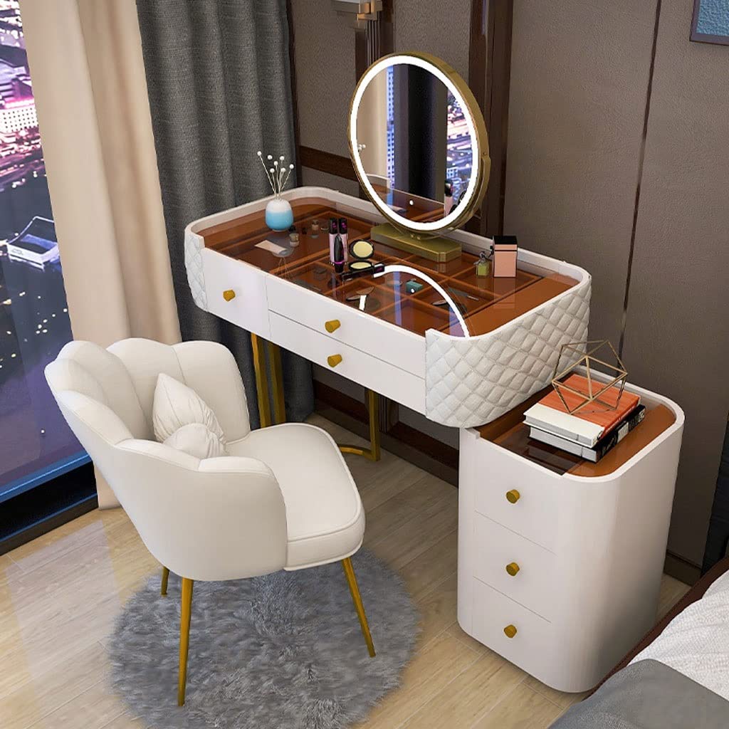 【Furniture】Bedroom Table Dresser Modern Glass Vanity Table with Storage Cabinet, Stool, Mirror