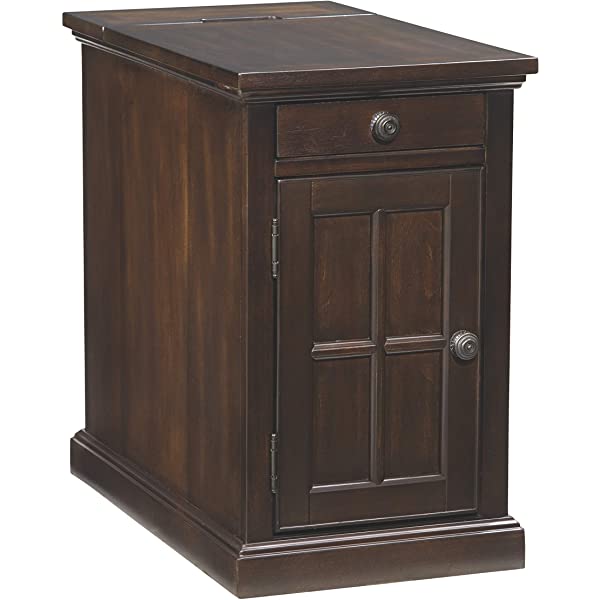 Signature Design by Ashley Tyler Creek Rustic Chair Side End Table with Pull-Out Tray & USB Ports, Brown Blackish Brown Table