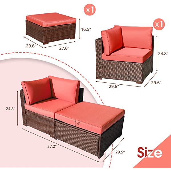 OC Orange-Casual 2 Piece Patio Sectional Furniture Set with Back Seat Cushions, Outdoor Armchair Wicker Sofa, Ottoman Brown Wicker & Turquoise Cushion