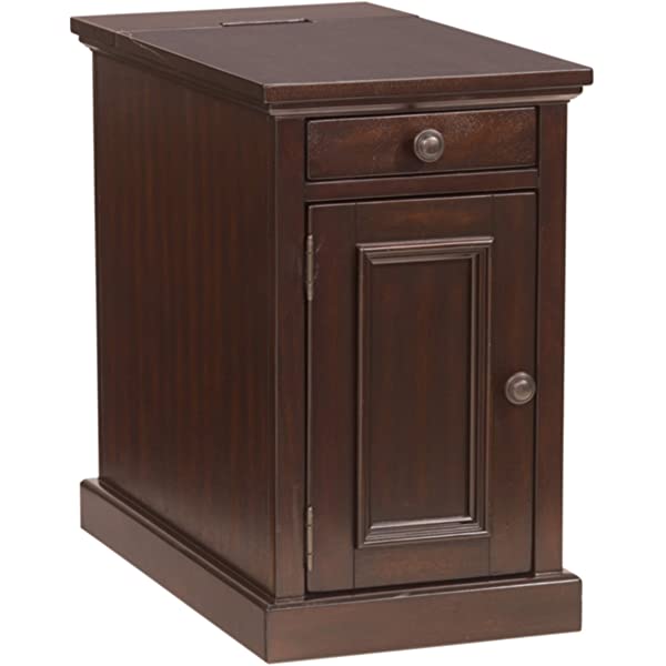 Signature Design by Ashley Tyler Creek Rustic Chair Side End Table with Pull-Out Tray & USB Ports, Brown Blackish Brown Table