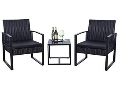 Flamaker 3 Pieces Patio Set Outdoor Wicker Patio Furniture Sets Modern Bistro Set Rattan Chair Conversation Sets with Coffee Table for Yard and Bistro (Black)