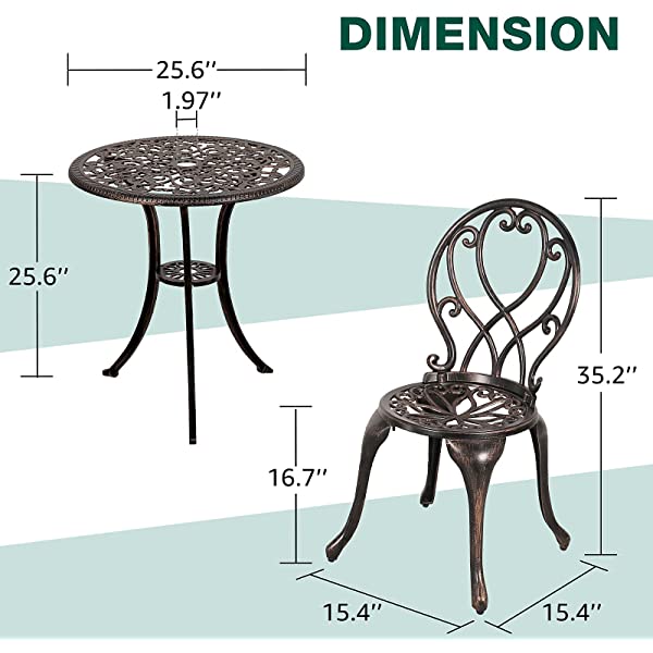 Patiorama 3 Piece Patio Bistro Set, Outdoor Cast Aluminum Furniture Set, All Weather Rust-Resistant Conversation Set w/Umbrella Holen, Antique Finish, Copper