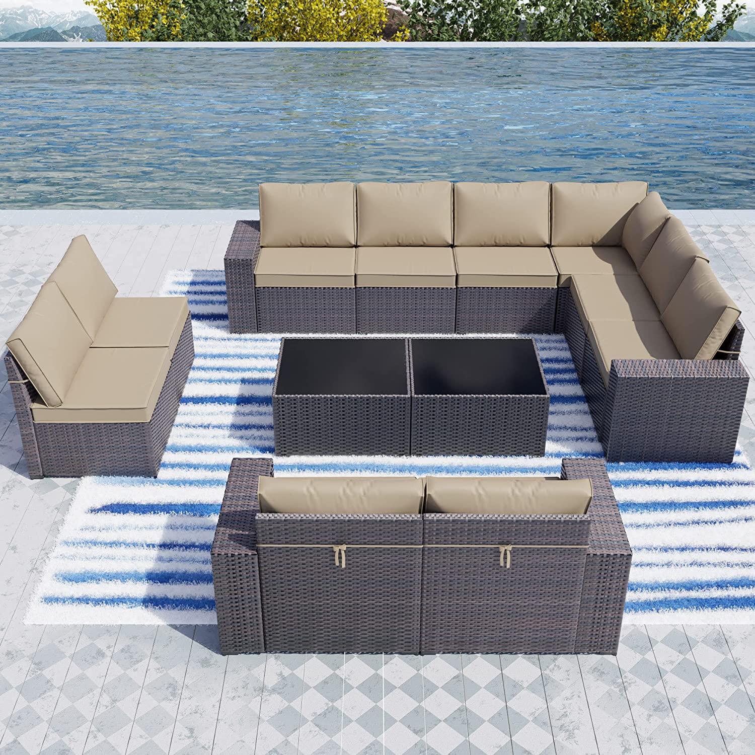 【Furniture】Outdoor Patio Furniture Set 12 Pcs Sectional Rattan Sofa Set Brown PE Wicker Patio Conversation Set