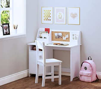 UTEX Kids Study Desk with Chair, Wooden Children School Study Table with Hutch and Chair for 3-8 Years Old, Student's Study Computer Workstation & Writing Table for Home School Use