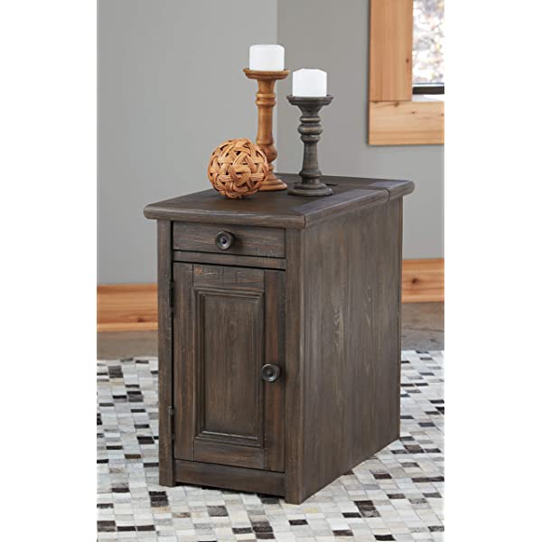Signature Design by Ashley Tyler Creek Rustic Chair Side End Table with Pull-Out Tray & USB Ports, Brown Blackish Brown Table