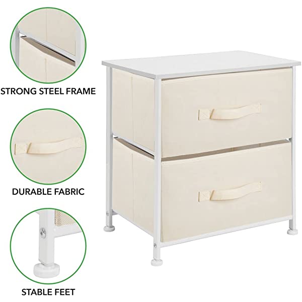 mDesign Storage Dresser End/Side Table Night Stand Furniture Unit - Small Standing Organizer for Bedroom, Office, Living Room, and Closet - 2 Drawer Removable Fabric Bins - Gray/White Grey
