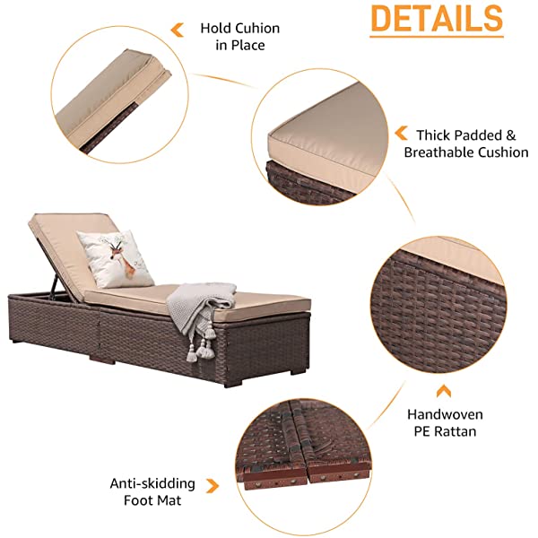 Patiorama Patio Chaise Lounge Chair, Sun Lounger, Outdoor Pool Beach Brown PE Rattan Wicker Reclining Chair W/Adjustable Backrest and Removable Cushion (Beige), Set of 2 2 Brown